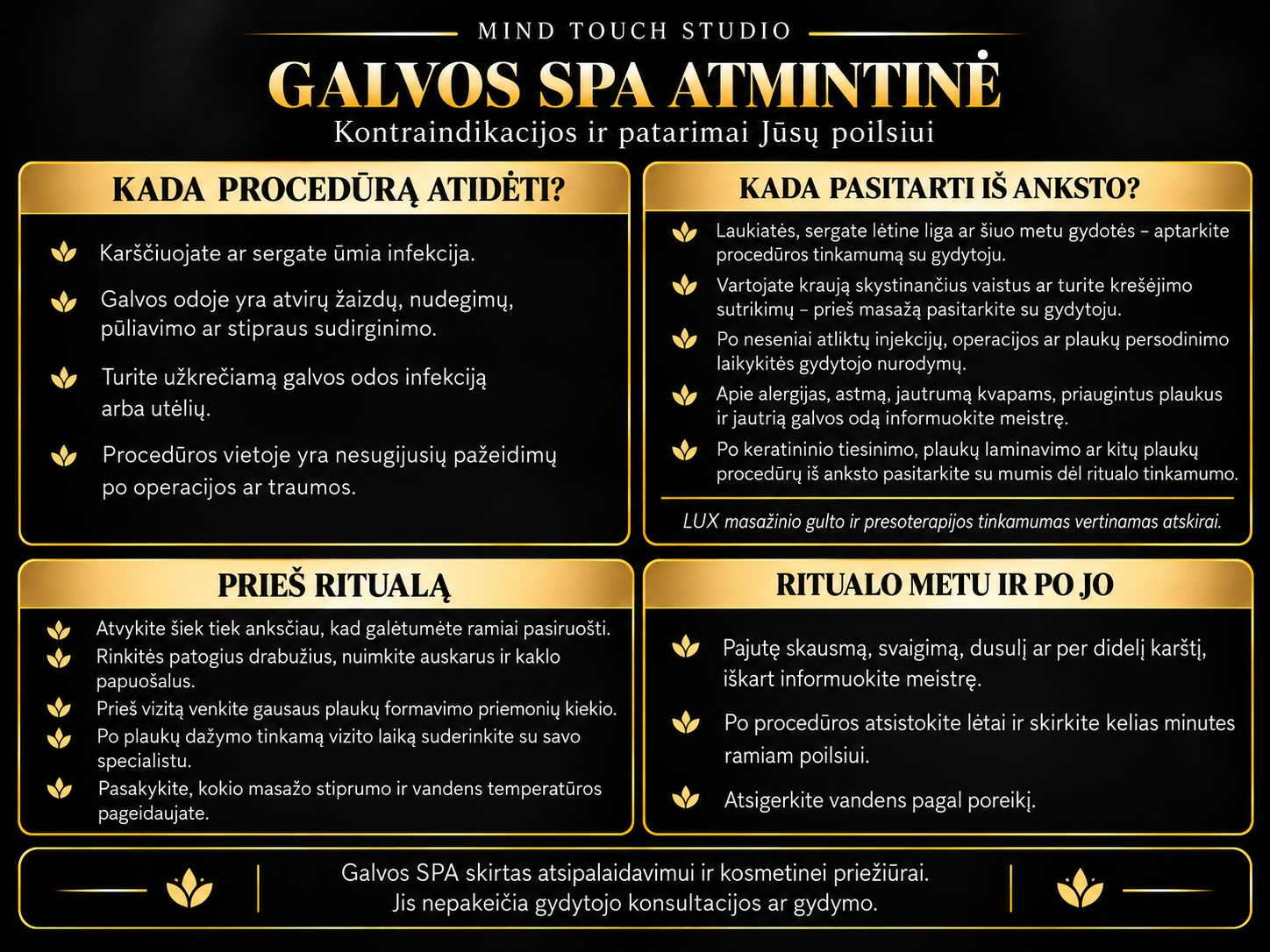 „Mind Touch Studio“ galvos SPA atmintinė: kontraindikacijos, kada pasitarti prieš procedūrą, kaip pasiruošti ritualui ir patarimai jo metu bei po jo.